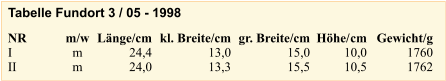 NR I II m/w m m   Lnge/cm 24,4 24,0 kl. Breite/cm 13,0 13,3 gr. Breite/cm 15,0 15,5 Hhe/cm 10,0 10,5 Gewicht/g 1760 1762 Tabelle Fundort 3 / 05 - 1998